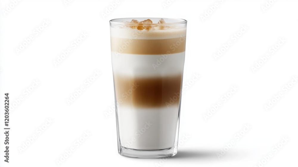 A classic iced latte with layers of espresso and milk, served in a tall glass. A classic iced latte with layers of espresso and milk, served in a tall glass.
