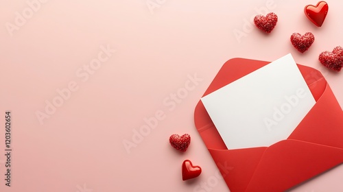 Red envelope gently holds blank card pink background soft light romantic ambiance. AI Generated
