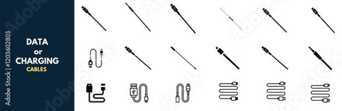 A minimalist collection of line icons featuring various data and charging cables including USB, lightning, aux, and power connectors. Clean black and white design ideal for tech interfaces, websites.