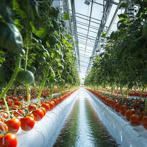 Vibrant rows of tomatoes in a modern greenhouse with abundant greenery. photo