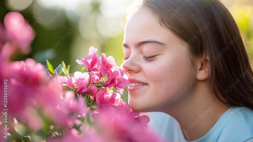 Fototapeta premium Girl with down syndrome enjoying the fragrance of the pink flowers in a sunlit garden, representing normal lifestyle with the disease.
