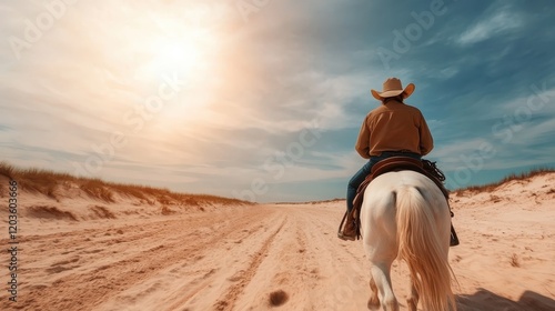 A peaceful scene featuring a cowboy riding a horse along a sandy beach path under a bright sky, embodying freedom, adventure, and the connection with nature.