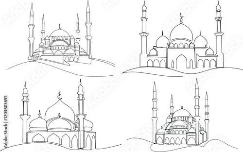 Continuous One Line Art Drawing Illustration Of An Ancient Mosque Or Islamic Masjid Holy Place To Pray For Muslim Religious People In Editable Stroke