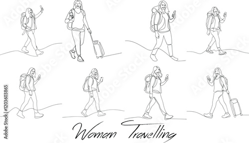 Continuous One Line Drawing Illustration Of Woman Traveling On Holiday Vacations In Editable Stroke On An Isolated White Background