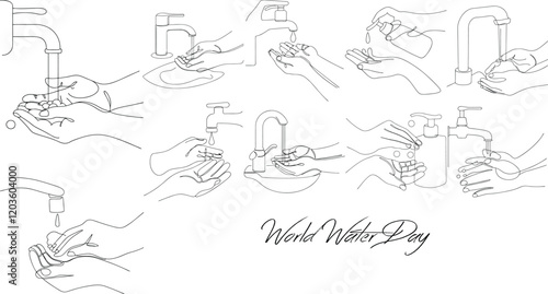 Washing Hands With Clean Water To Protection From Bacteria Viruses Continuous One Line Art Drawing Illustration In Editable Stroke