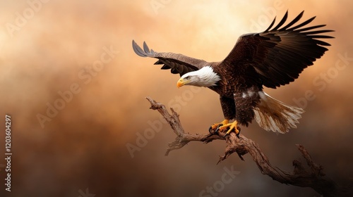 An awe-inspiring image of a bald eagle taking flight from its perch, showcasing the magnificent wingspan and sheer power of this bird of prey against a warm, vibrant backdrop. photo