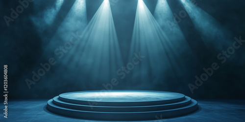 Round podium illuminated by searchlights.