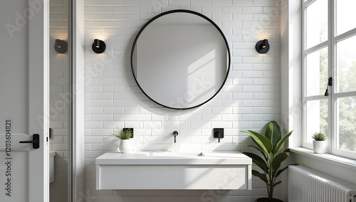 Modern beige vanity counter, ceramic washbasin, white faucet, plant, black round mirror in sunlight on marble tile wall luxury bathroom for cosmetic, beauty