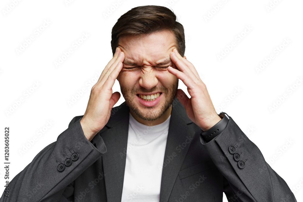 Man in business attire experiencing stress while holding his head in discomfort indoors Man in business attire experiencing stress while holding his head in discomfort indoors