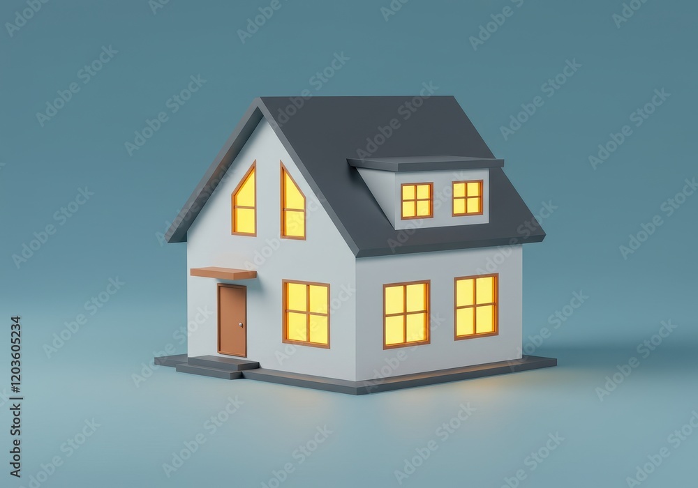 A 3D illustration of a cozy, modern white house with large windows and a gray roof