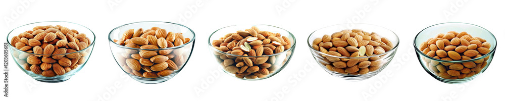 Sustainable. Bowl of nuts arranged in a row, showcasing different varieties against a transparent background. Sustainable. Bowl of nuts arranged in a row, showcasing different varieties against a transparent background.