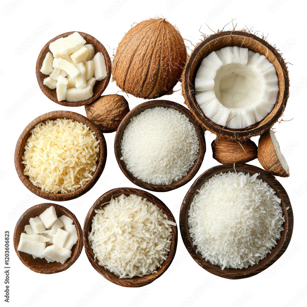 Diverse Collection of Coconut Variants and Textures Isolated on a White Background for Culinary and Dietary Use in Creative Recipes Diverse Collection of Coconut Variants and Textures Isolated on a White Background for Culinary and Dietary Use in Creative Recipes