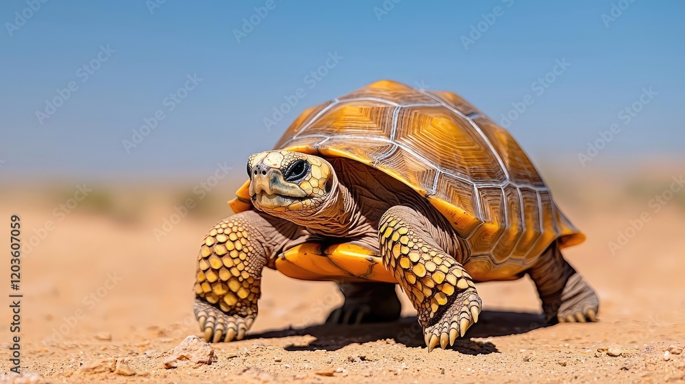 Fototapeta premium Desert tortoise walking on sand, clear sky background; nature documentary use