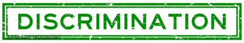 Grunge green discrimination word square rubber stamp in white background