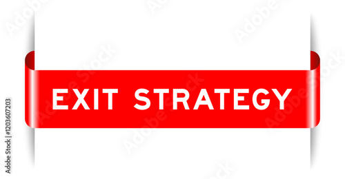 Red color inserted label banner with word exit strategy on white background