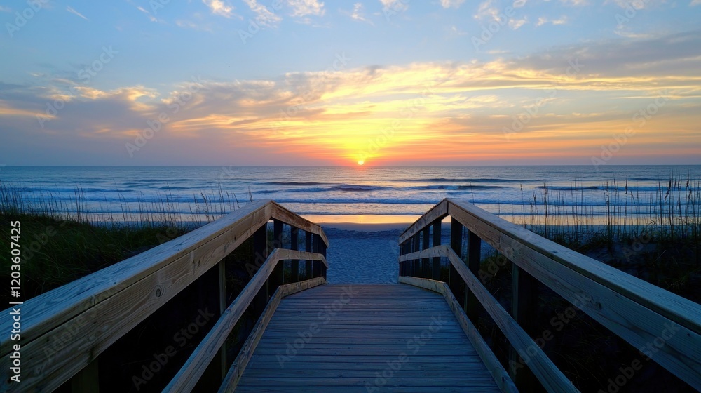 Obraz premium A wooden bridge leads to the beach