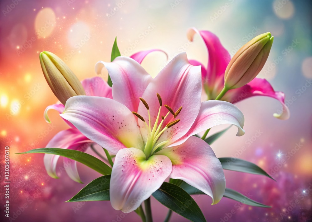 Fototapeta premium Delicate Pink and White Lily Flowers Abstract Floral Background Stock Photo