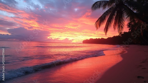 Vibrant hues illuminate a tranquil beach as dusk settles, casting a fiery glow across the sand and serene waters