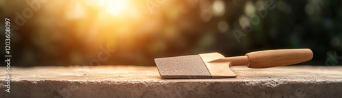 A close-up of a trowel resting on a stone surface, capturing the warm glow of sunlight in a serene outdoor environment. photo