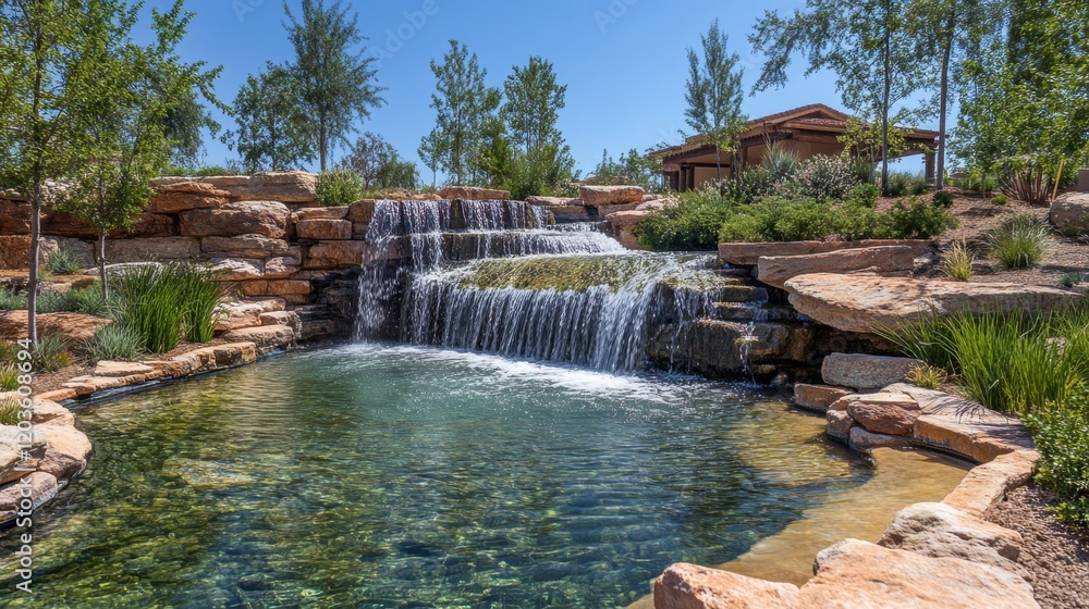 Fototapeta premium A serene waterfall cascading into a crystal-clear pool surrounded by summer greenery.