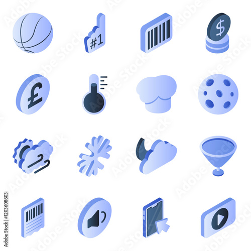 Set of Weather and Media Flat Isometric Icons