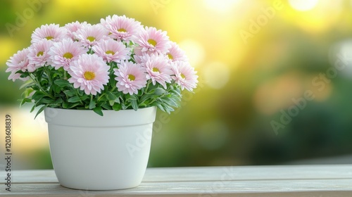 Wallpaper Mural A simple white pot with pale pink flowers sitting on a wooden ledge with a soft-focus garden backdrop. Torontodigital.ca