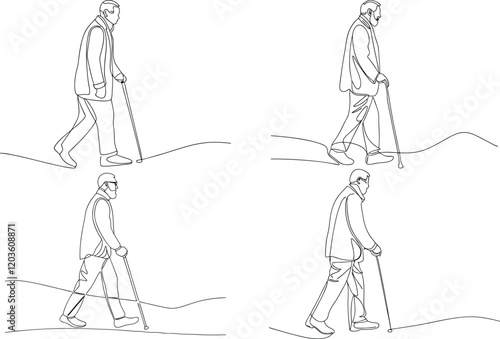 An Elderly Old Man Walking With A Walking Cane Continuous One Line Drawing Illustration In Editable Stroke On An Isolated White Background