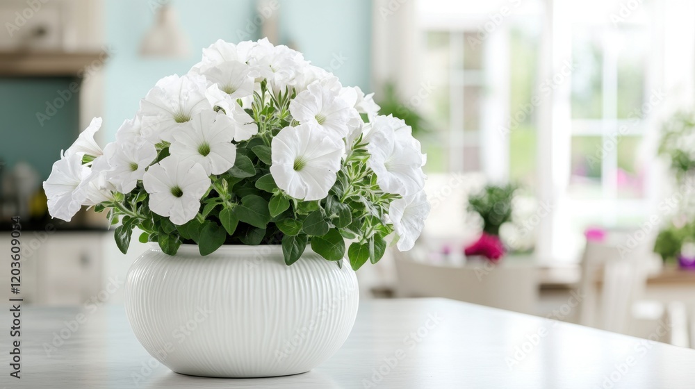 A single white pot of petunias placed on a bright and airy kitchen island. A single white pot of petunias placed on a bright and airy kitchen island.