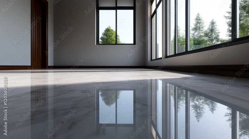 Fototapeta premium Sunlit Room Interior with Reflective Marble Floor and Large Windows Overlooking Trees