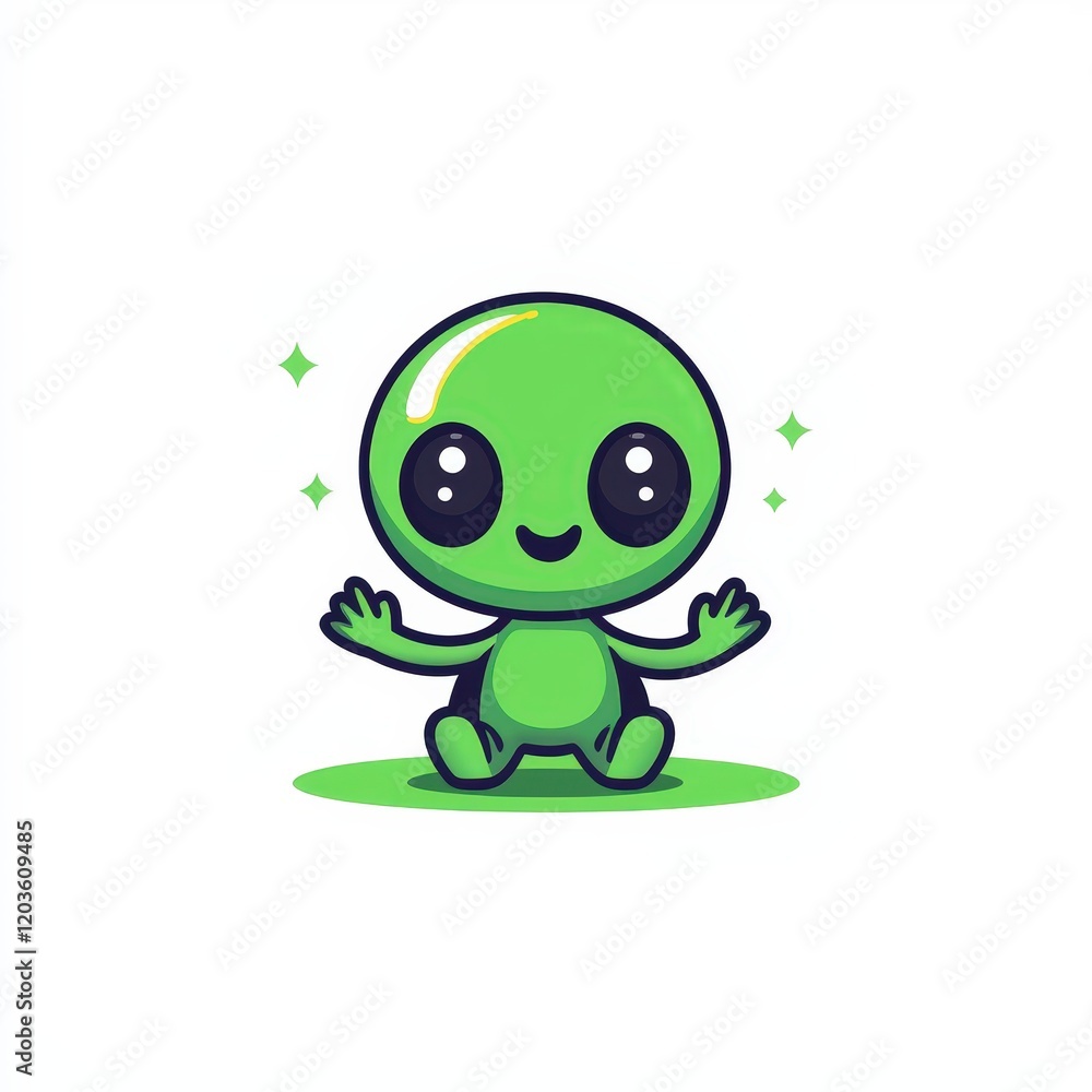Fototapeta premium Green alien character with black nose and green body standing against a simple background