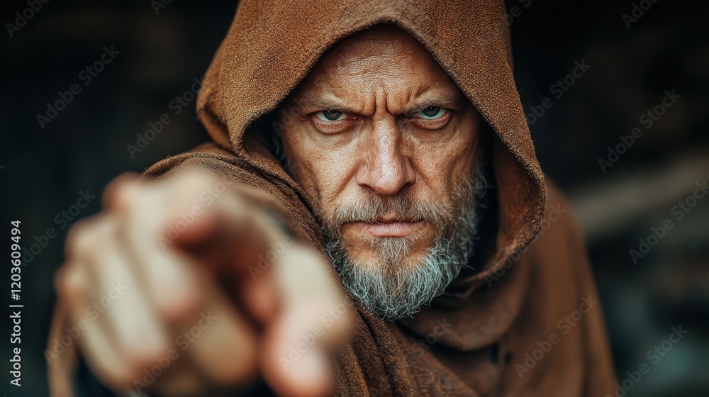 An intimidating figure clad in a hood leans forward, pointing with a fervent expression, evoking feelings of intensity and foreboding. An intimidating figure clad in a hood leans forward, pointing with a fervent expression, evoking feelings of intensity and foreboding.