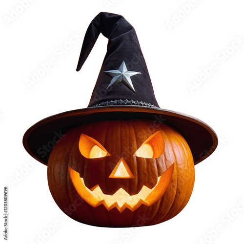 Spooky Halloween jack-o'-lantern with a glowing carved face and a witch hat. Perfect for festive themes, horror decor, and seasonal designs. Vibrant, fun, and ideal for Halloween-inspired projects.