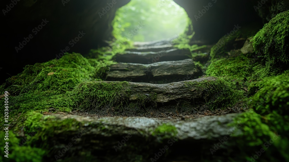 In this breathtaking image, moss-covered steps create a path towards an ethereal light, evoking feelings of wonder and urging the viewer to explore the hidden depths of nature. In this breathtaking image, moss-covered steps create a path towards an ethereal light, evoking feelings of wonder and urging the viewer to explore the hidden depths of nature.