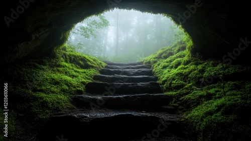 Descending mossy steps lead into an inviting yet enigmatic forest landscape, where the mystical atmosphere envelops the viewer in nature's quiet charm and intrigue. photo