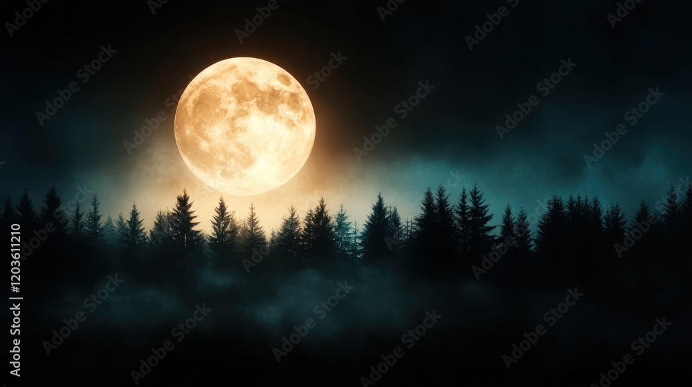 A stunning scene of a golden moon setting behind tall dark pine trees, creating a serene and magical atmosphere amidst the stillness of the night. A stunning scene of a golden moon setting behind tall dark pine trees, creating a serene and magical atmosphere amidst the stillness of the night.