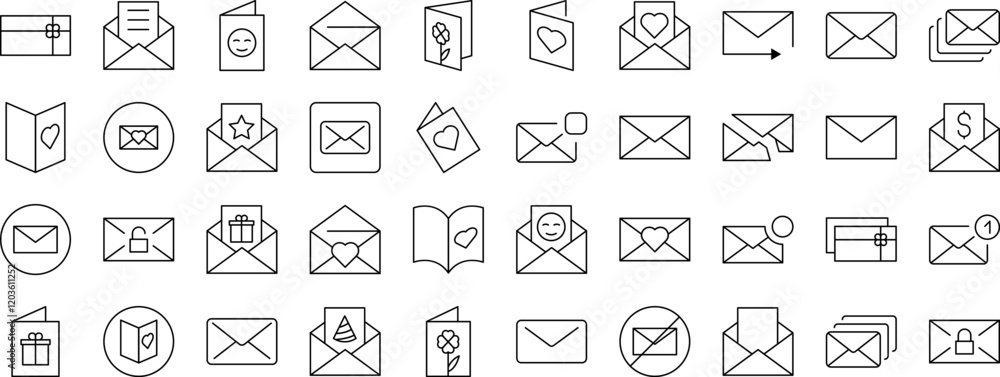 Bundle of Envelope, Mail, Post Related Line Icons. Outline Signs for Graphic and Web Design, Apps, Adverts, Various Cards Bundle of Envelope, Mail, Post Related Line Icons. Outline Signs for Graphic and Web Design, Apps, Adverts, Various Cards