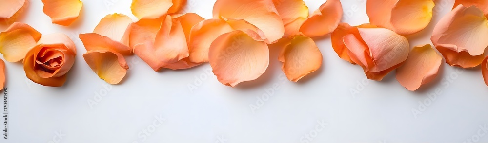 Soft peach rose petals scattered on a white background, evoking romance and tranquility. Soft peach rose petals scattered on a white background, evoking romance and tranquility.