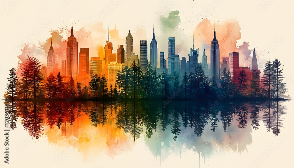 Obraz premium Vibrant City Skyline with Silhouette of Trees and Reflective Water in Watercolor Style, Evoking a Blend of Nature and Urban Life in a Colorful Artwork
