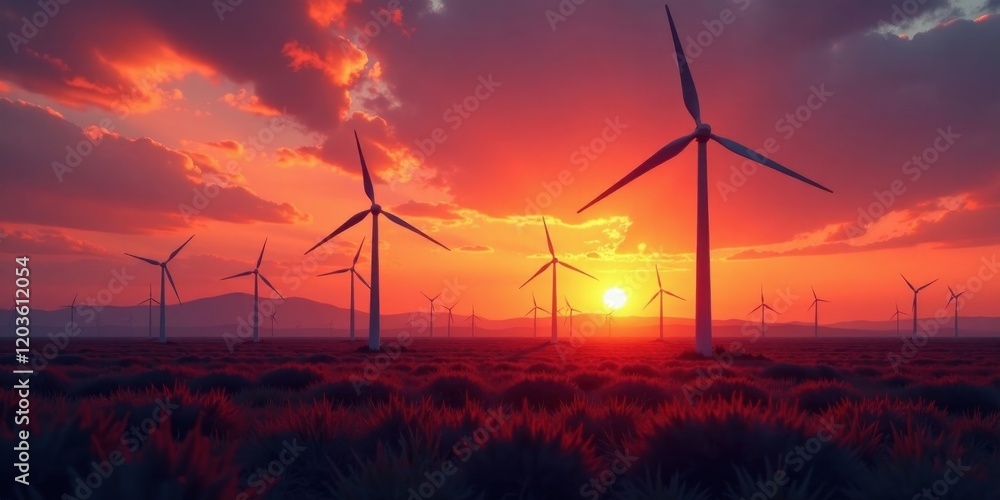 Obraz premium Serene Sunset Landscape Featuring a Field of Wind Turbines Generating Clean Energy