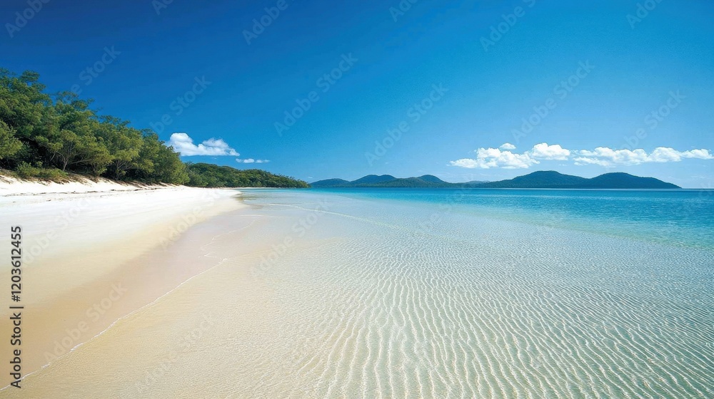Obraz premium Clear water ripples gently on a pristine sandy beach under a bright blue sky.