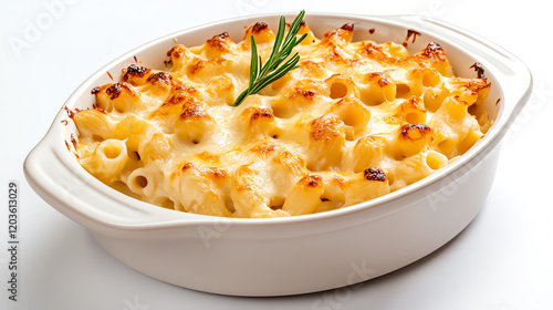 A delicious serving of creamy macaroni and cheese topped with a golden crust and garnished with fresh rosemary sprig. photo