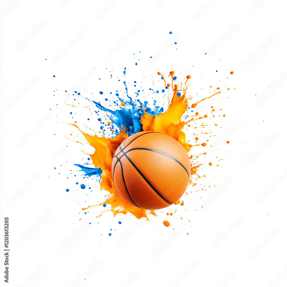 A dynamic basketball splashing through vibrant orange and blue paint, representing energy and excitement in sports. A dynamic basketball splashing through vibrant orange and blue paint, representing energy and excitement in sports.