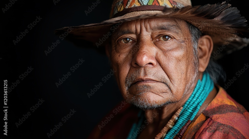 This captivating portrait showcases an indigenous elder dressed in traditional attire, adorned with turquoise jewelry. Wisdom radiates from his expressive gaze. This captivating portrait showcases an indigenous elder dressed in traditional attire, adorned with turquoise jewelry. Wisdom radiates from his expressive gaze.