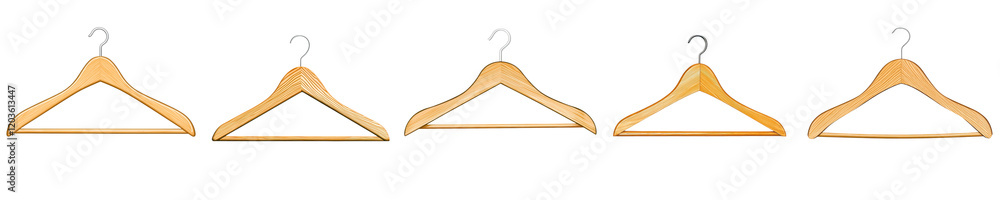 Sustainable. Five wooden hangers arranged in a row against a transparent background. Sustainable. Five wooden hangers arranged in a row against a transparent background.