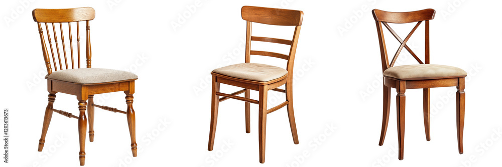 A Set of Classic Wooden Chair with Cushioned Seat, Stylish and Comfortable Isolated on Transparent Background A Set of Classic Wooden Chair with Cushioned Seat, Stylish and Comfortable Isolated on Transparent Background