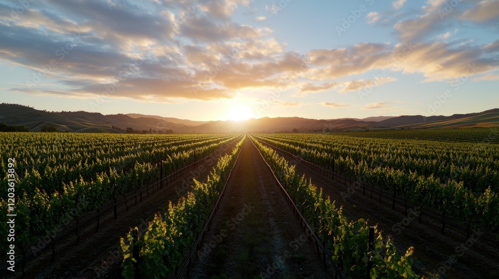 Fototapeta premium A field of grape vines with a sun setting in the background