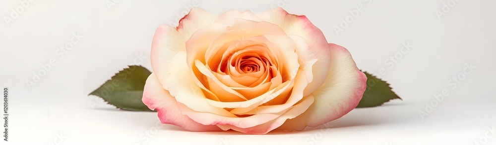 A beautiful peach-colored rose with soft pink edges on a white background. A beautiful peach-colored rose with soft pink edges on a white background.