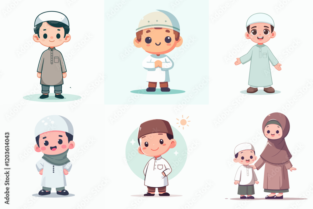 cartoon illustration set of Muslim children cartoon illustration set of Muslim children