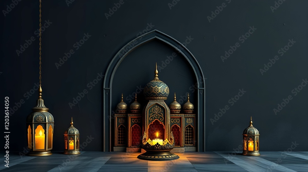 Obraz premium A classic oil painting of a 3D Islamic Ramadan souvenir wallpaper in intense jet black, featuring deep shadows, rich textures, and visible brushstrokes