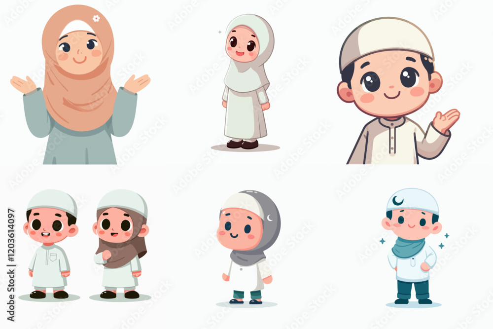 cartoon illustration set of Muslim children cartoon illustration set of Muslim children